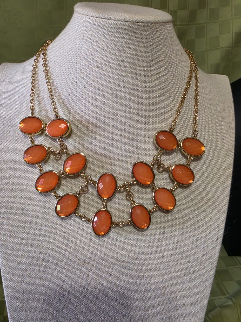 #1096 Macy's Gold-Tone Reversible Necklace with Orange Or Green Oval Stones